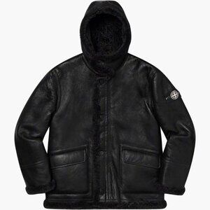 Supreme/stone Island Hand-painted Hooded Shearling Jacket Black